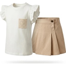 Dmb Kız Çocuk Fırfırlı Kol Nakış Detaylı Tişört ve Bej Pileli Etek Kombin 2’li Bayramlık - Günlük Takım