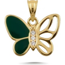 Zeya Kuyumculuk 14 Ayar Altın Taşlı Yeşil Kelebek Kolye Ucu