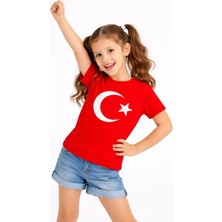 Hsc Bilişim Kız Çocuk Tişört Bisiklet Yaka Ay Yıldız Bayrak Baskılı T-Shirt - Kırmızı