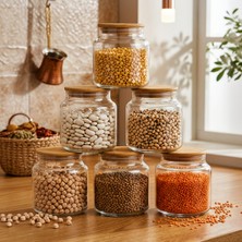 Snippy Noze - 6'lı Küçük Boy Bambu Kapaklı Cam Saklama Kabı Sızdırmaz Vakum Kapaklı Baharatlık 630ML