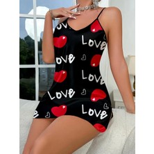 isiltikidsmoda Love Desenli Siyah Saten Gecelik