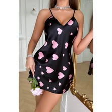 isiltikidsmoda Pembe Kalp Desenli Siyah Saten Gecelik