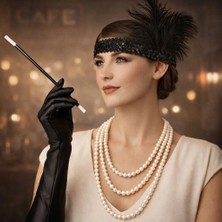 isiltikidsmoda 1920’LER Çarliston Aksesuar Seti – Inci Kolye, Eldiven,  Tutucu, Siyah Saç Bandı - Lisinya