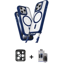 iPhone 15 Pro Max Atlas Doku Koleksiyonu - Siyah Vanessa Magic Hayalet Cam + Lacivert Pvd Metal Kamera Lens