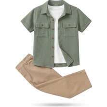 Ecoo Erkek Çocuk 3’lü Yeşil Kısa Kollu Müslin Gömlekli Beyaz Tişört Bej Pantolon Günlük ve Bayramlık Tkm