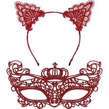 isiltikidsmoda Lüks Kırmızı Dantel Taçlı Maske Seti 2 No - Parti, Balo, Kostüm Aksesuarı - Lisinya