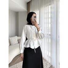 RFK Butik Kadın Omuzu Pileli Etek Üstü Oversize Kısa Gömlek - Beyaz