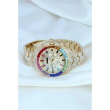 isiltikidsmoda Clariss Trend Gold Metal Kordonlu Zirkon Taş Kaplama Renkli Taşlı Kasa Tasarımlı Lüx Kadın Kol Saati ( Lisinya )