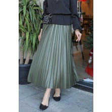 isiltikidsmoda Zarif ve Modern Pileli Parlak Krep Gizli Lastikli Haki Etek ( Lisinya )