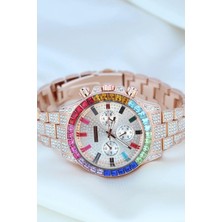 isiltikidsmoda Clariss Trend Rose Metal Kordonlu Zirkon Taş Kaplama Renkli Taşlı Kasa Tasarımlı Lüx Kadın Kol Saati ( Lisinya )