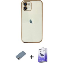 iPhone 12 Vadi Minimal - Siyah Bilvis 5in1 5d Magic Hayalet Cam Ekran Koruyucu + Gold Metal Kamera Lens Koruma Cam