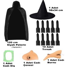 Siyah Kapüşonlu Pelerin 120 cm Tırnaklar Diş Çene Burun ve Şapka Seti