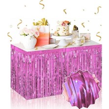 Kendinden Yapışkanlı Pembe Metalize Püsküllü Masa Eteği – 75 x 275 cm Parti Süslemesi