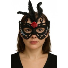 Siyah Renk Siyah Süet Kaplama Tüylü Kelebek Figür Parti Maskesi 24X18 cm