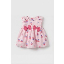 Magu Kız Bebek Pamuklu Pembe Çilek Desenli Elbise Saç Bandı Seti - Fiyonk Detaylı