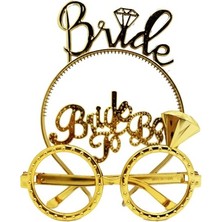 Bride Yazılı Taç ve Bride To Be Yazılı Gözlük Seti Altın Renk