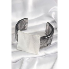 Siyah Mermer Desen Akrilik Plastik Gümüş Kare Plaka Model Vintage Kadın Bilezik