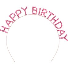 Pembe Renk Kristal Taşlı Gold Renk Kaplama Happy Birthday Taç 16X17 cm