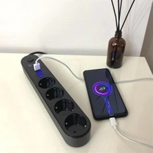 Eco Lounge 4lü Siyah Anahtarlı 3 USB Li Akım Korumalı Topraklı Çocuk Korumalı Grup Priz 2 Metre