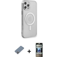 Cepte Toptan iPhone 12 Pro Doruk Minimal - Siyah 34D Hayalet Izgaralı Cam + Gümüş Metal Kamera Lens Koruma Cam
