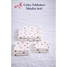 More Home Bebek Müslin Bez Battaniye Set 5 Parça  Kalpli Beyaz Kırmızı