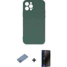 Cepte Toptan iPhone 12 Pro Max Ahenk Serisi - Siyah 3D Antistatik Hayalet Cam Ekran Koruyucu + Gümüş Shine Kamera Lens Koruma Cam