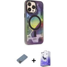 iPhone 13 Pro Max Siluet Modern Koleksiyonu - Siyah Bilvis 5in1 5d Magic Hayalet Cam Ekran Koruyucu + Mor Metal Kamera Lens Koruma Cam