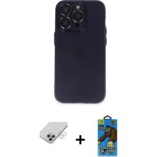 Cepte Toptan iPhone 14 Pro Max Ufuk Minimal Özel Seri - Siyah 18D Cam Ekran Koruyucu + Gold Band Metal Kamera Lens