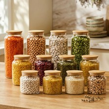 Snippy Noze - Karma 12'li Bambu Kapaklı Cam Saklama Kabı Sızdırmaz Vakum Kapaklı Baharatlık 1400-900-630ML
