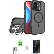 Cepte Toptan iPhone 16 Plus Akış Form - Siyah 3D Antistatik Hayalet Cam Ekran Koruyucu + Beyaz Raze Metal Kamera Lens