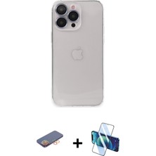 Cepte Toptan iPhone 13 Pro Max Ufuk Minimal Özel Seri - Siyah 3D Antistatik Cam Ekran Koruyucu + Turuncu Renkli Kamera Lens Koruma Cam
