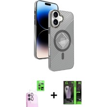 Cepte Toptan iPhone 16 Nova Modern Prime - Şeffaf 360 Full Body Arka Koruyucu + Pembe Raze Metal Kamera Lens