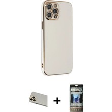 Cepte Toptan iPhone 12 Pro Yankı Serisi - Siyah 34D Hayalet Izgaralı Cam + Gold Rainbow Kamera Lens Koruma Cam