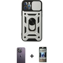 Cepte Toptan iPhone 12 Pro Ahenk Klasik - Siyah 34D Hayalet Izgaralı Cam + Beyaz Neon Fosforlu Kamera Lens