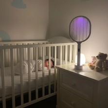 USB Şarjlı Standlı Şarj Göstergeli Uv Işıklı Beyaz Sinek Öldürme Raketi