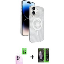Cepte Toptan iPhone 16 Nova Modern Prime - Şeffaf 360 Full Body Arka Koruyucu + Pembe Raze Metal Kamera Lens