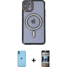 Cepte Toptan iPhone 11 Zirve Doku Prime - Siyah 34D Hayalet Izgaralı Cam + Mavi Neon Fosforlu Kamera Lens