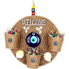 Üç Saksılı Welcome Yazılı Deniz Kabuklu Nazar Boncuklu Hasır Kapı Süsü