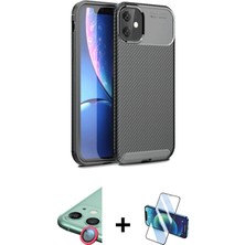 Cepte Toptan iPhone 11 Eksen Form Prime - Siyah 3D Antistatik Cam Ekran Koruyucu + Kırmızı Raze Metal Kamera Lens
