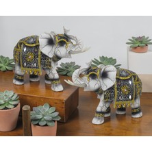 Elifeshop Lüks Ayna ve Nakış Işlemeli Feng Shui Şans Getiren 2li Fil Heykeli Biblo 10 cm Yeni Yıl -Ev Hediyesi