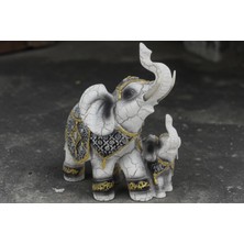 Elifeshop Lüks Nakış Işlemeli Anne ve Yavru Fil Heykeli Feng Shui Şans Getiren Dekoratif Masaüstü Biblo 17 Cm.