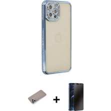 Cepte Toptan iPhone 12 Pro Yörünge Koleksiyonu - Siyah 3D Antistatik Hayalet Cam Ekran Koruyucu + Sierra Blue Shine Kamera Lens Koruma Cam