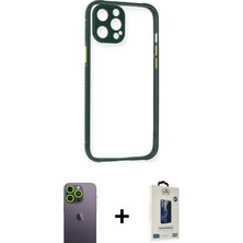 Cepte Toptan iPhone 12 Pro Max Nova Asil Özel Seri - Siyah Bilvis Hayalet Cam Ekran Koruyucu + Yeşil Neon Fosforlu Kamera Lens