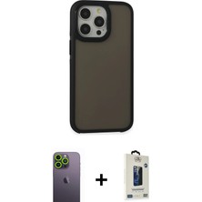 iPhone 13 Pro Max Eksen Işık - Siyah Bilvis Hayalet Cam Ekran Koruyucu + Yeşil Neon Fosforlu Kamera Lens