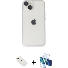 Cepte Toptan iPhone 14 Ufuk Minimal Özel Seri - Siyah 3D Antistatik Cam Ekran Koruyucu + Kırmızı Diamond Kamera Lens