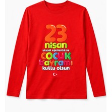 Efendioğlu Design Uzun Kollu Rengarenk 23 Nisan Kutlu Olsun Yazılı Bayraklı Çocuk Tişört