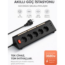 Mo Dou Akıllı Priz Termal Korumalı 5’li Priz 3680W | LED Işıklı Çoklu Çoklu Akım Prizi USB | Usb-C