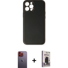 Cepte Toptan iPhone 12 Pro Max Yadigar Klasik - Siyah Bilvis Hayalet Cam Ekran Koruyucu + Turuncu Neon Fosforlu Kamera Lens