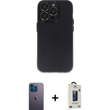 iPhone 13 Pro Max Ufuk Minimal Özel Seri - Siyah Bilvis Hayalet Cam Ekran Koruyucu + Mavi Neon Fosforlu Kamera Lens