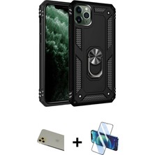 Cepte Toptan iPhone 11 Pro Max Ahenk Klasik Koleksiyonu - Siyah 3D Antistatik Cam Ekran Koruyucu + Gold Rainbow Kamera Lens Koruma Cam